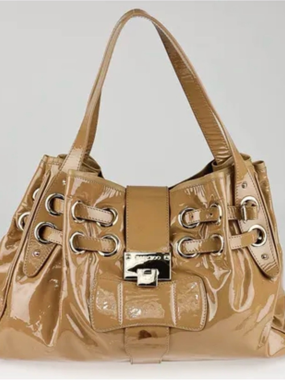 JIMMY CHOO
Beige Patent Leather Ramona Bag